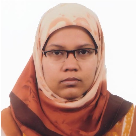 An Asian woman wearing head covering and eyeglasses looking at the camera.